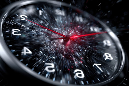 A clock face with red hands spins rapidly against a swirling cosmic backdrop, representing the passage of time.の写真素材