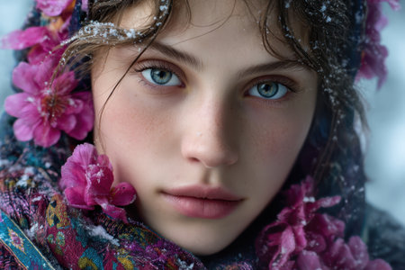 A young girl with striking blue eyes is adorned with a scarf decorated with flowers, surrounded by a winter wonderland.の写真素材