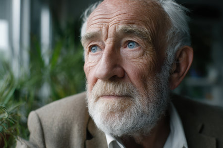 An elderly man with a gray beard looks pensively out a window in a sunlit, plant-filled room.の写真素材