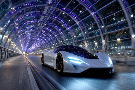 A modern supercar races down a bright tunnel adorned with colorful lights, showcasing cutting-edge design.の写真素材
