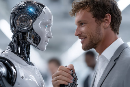 A man smiles as he engages with a humanoid robot during a technology showcase event.の写真素材