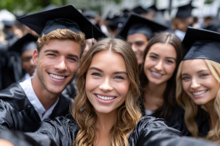 Group of smiling graduates wearing caps and gowns taking a celebratory selfie outdoors in a joyful atmosphere.の写真素材