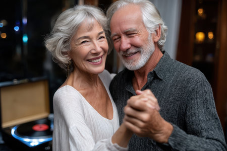 An elderly couple dances happily while smiling and enjoying each other's company during a relaxed evening.の写真素材