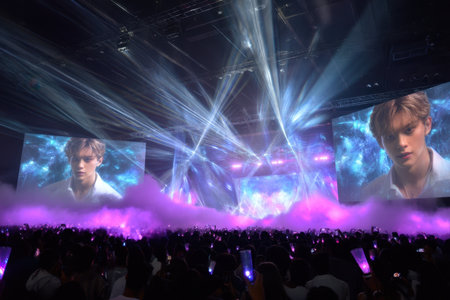 Spectators enjoy a thrilling concert with stunning light displays, fog effects, and engaging performances.の写真素材