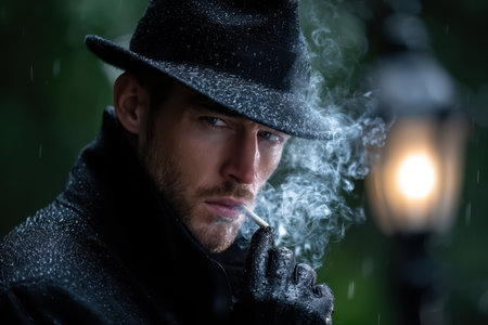 A well-dressed man in a hat and coat smokes a cigarette while standing near a lamp post in the rain.の写真素材