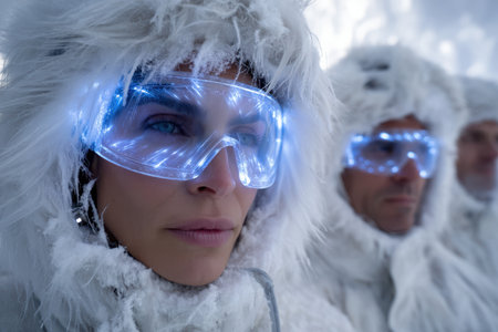 Explorers in furry white gear stand against a snowy landscape, wearing lighted goggles during a winter expedition.の写真素材