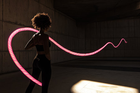 A woman stands in a dim, industrial area, engaging with a glowing rope during a workout session.の素材