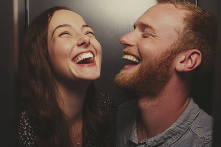 Two young adults share joyful smiles while enjoying a lighthearted moment in an elevator.の素材