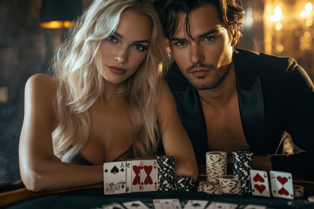 A couple sits at a casino table, engaged in a card game, surrounded by chips and a glamorous atmosphere.の素材