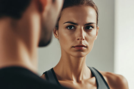 Two fitness enthusiasts demonstrate intense concentration while training in a modern gym setting.の素材