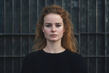A woman stands confidently with curly hair, gazing directly at the camera in an urban, industrial setting.の素材