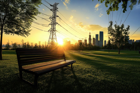 Sunrise illuminates a city skyline while casting long shadows across a peaceful park with an empty bench.の素材