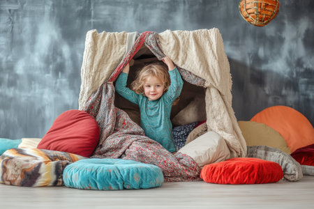 A young child plays joyfully inside a blanket surrounded by colorful cushions in a comfortable room.の素材