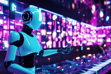 A robot DJ engages the crowd with a lively performance, surrounded by colorful lights and electronic displays.の素材