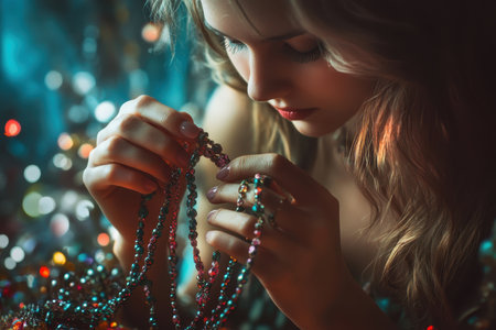 A woman is focused on examining delicate beaded necklaces, surrounded by a dreamy, luminous background.の素材