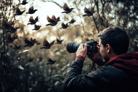 A man photographs a flock of birds as they soar through the trees at sunset in the forest.の素材