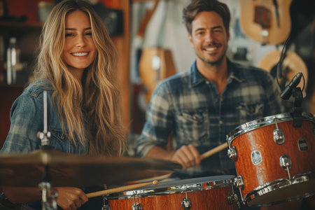 Two musicians create a joyful atmosphere while playing drums and smiling in a vibrant studio.の素材