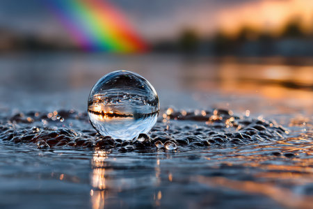 A crystal ball rests on a wet surface reflecting a rainbow sunsetの写真素材
