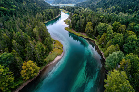 An aerial view of a turquoise river flowing through a dense forestの写真素材