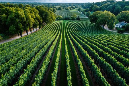 An aerial view of neatly planted rows of grapevines in a vineyardの写真素材