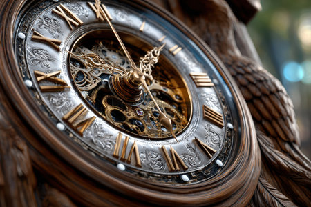 Closeup view of an ornate clock face with intricate detailsの写真素材
