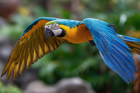 A blue and gold macaw with outstretched wings flies through a blurred green backgroundの写真素材