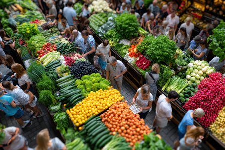 People shop for fresh produce at a vibrant outdoor marketの写真素材