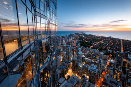 A highrise cityscape reflects in a skyscrapers window at sunriseの写真素材