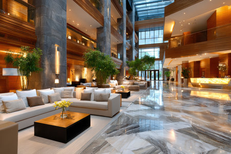 A spacious, modern hotel lobby with comfortable seating and natural lightの写真素材