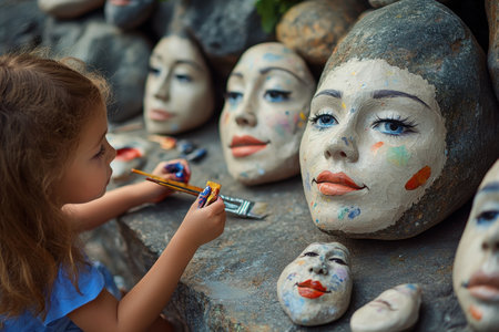 A child is engaged in painting vibrant faces on stones, showing artistic creativity in a serene outdoor area.の写真素材