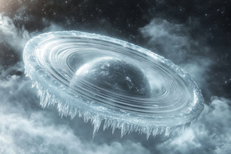A captivating scene of a frozen planet encircled by icy rings, drifting through the darkness of space.の写真素材