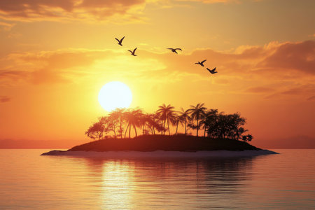 Colorful sunset illuminates a peaceful tropical island surrounded by calm water and flying birds overhead.の写真素材