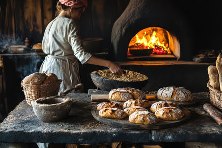 Baker mixes dough in a rustic kitchen, surrounded by freshly baked bread and a glowing fireplace.の写真素材