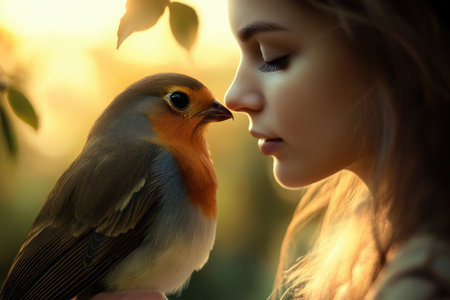 A girl and a bird engage in an intimate moment surrounded by nature, illuminated by warm sunset light.の写真素材