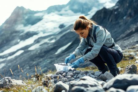 A woman is crouching on rocky terrain, gathering rock samples in a stunning mountain range.の写真素材