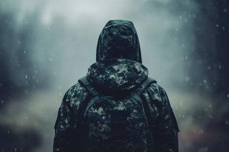 A person in camouflage stands in the rain, surrounded by falling rain.の写真素材