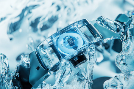 A clear watch is partially submerged in water, highlighting its unique design and colors.の写真素材