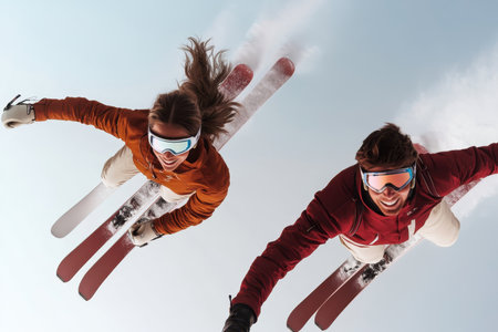 Two skiers showcase impressive aerial skills while competing in a thrilling event on a snowy mountain.の素材