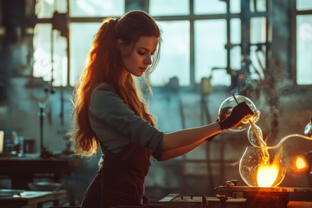 A young scientist carefully pours a liquid into a flask, illuminating her focused expression in the lab.の写真素材