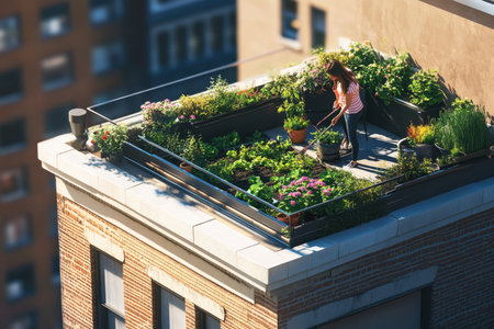 A woman tends to her lush rooftop garden, surrounded by colorful plants and greenery in a bustling city.の写真素材