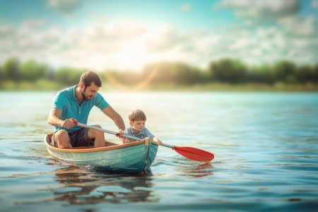 A father and his young son paddle together in a blue boat on a serene lake under a bright sky.の写真素材