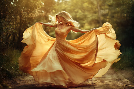 A woman twirls in a flowing yellow dress, surrounded by lush greenery on a sunny day.の写真素材