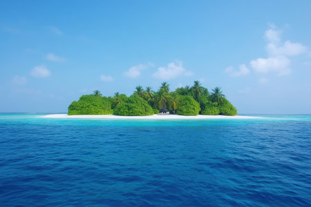 A remote island filled with lush greenery sits peacefully in turquoise waters, bathed in warm sunlight.の写真素材