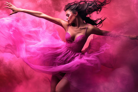 Dancer performs elegantly in a flowing pink dress amidst swirling colorful smoke, capturing motion and grace.の写真素材