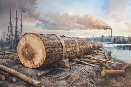 Logs are piled next to a river with industrial structures and smokestacks in the background at dawn.の写真素材