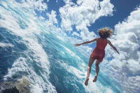 A person leaps joyfully toward the waves, surrounded by vibrant ocean water and fluffy clouds above.の写真素材