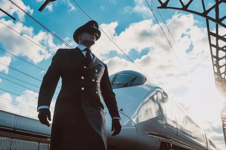A train conductor exudes professionalism near a modern train under a bright, cloud-filled sky during the day.の写真素材