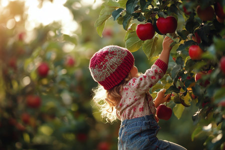 A young child in a cozy hat gathers bright red apples from lush trees in an orchard.の写真素材
