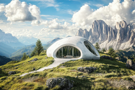 A unique building with a curved design is set against a backdrop of towering mountains and blue skies.の素材