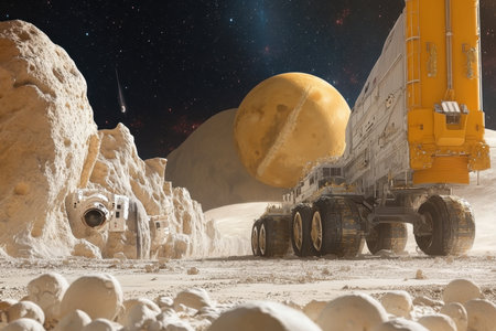 Rover traverses the rugged terrain of an alien moon while a massive planet looms in the sky.の写真素材